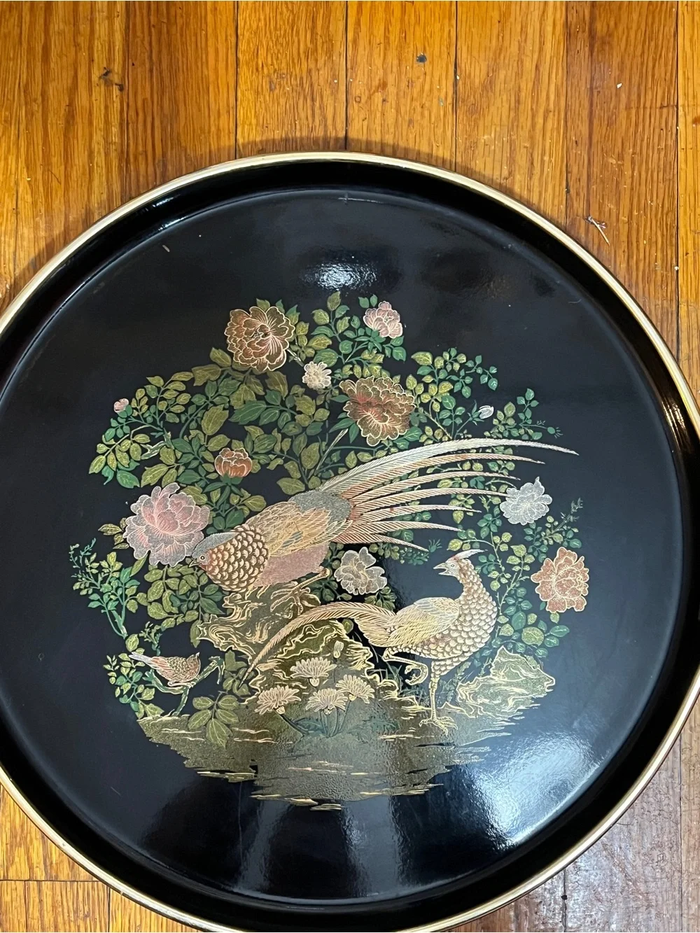 Vintage Japanese Black Lacquer Serving Tray – Peacock & Floral Design – 14” – Ma